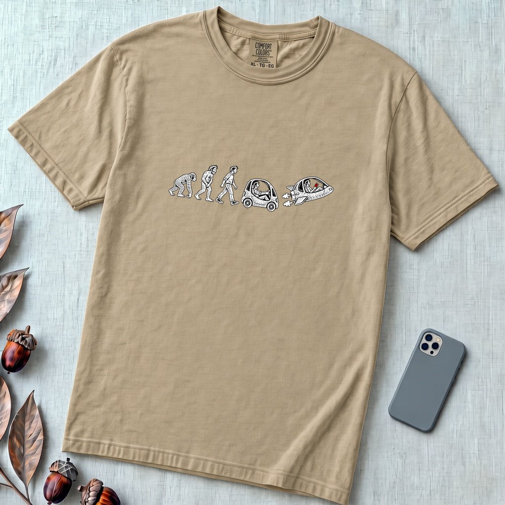 Evolution of Man Flying Car T-Shirt - Sandstone unfolded t-shirt mockup