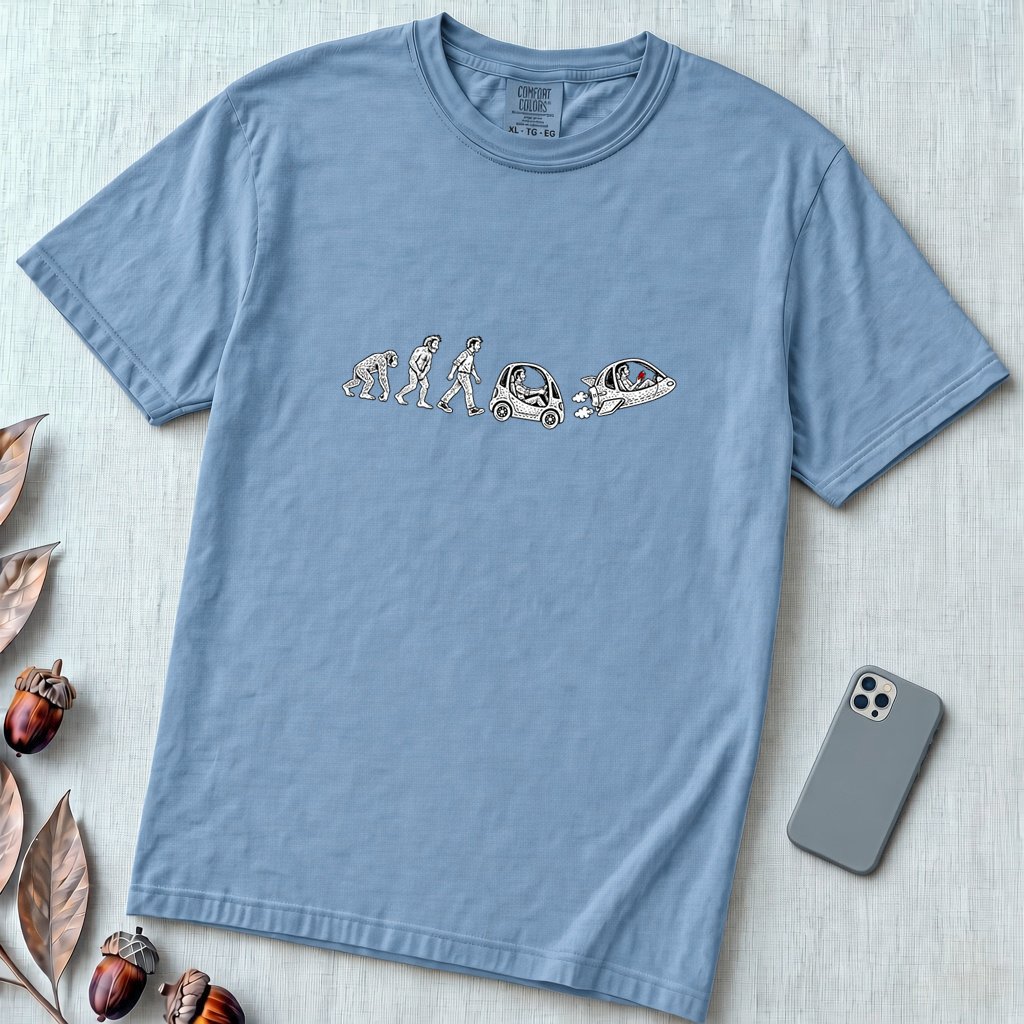 Evolution of Man Flying Car T-Shirt - Washed Denim unfolded t-shirt mockup
