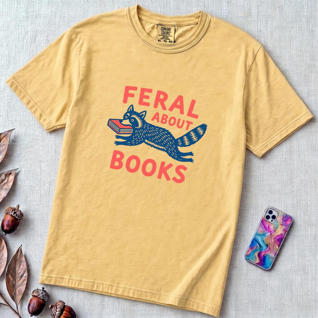 Feral About Books Raccoon T-Shirt - Butter unfolded t-shirt mockup