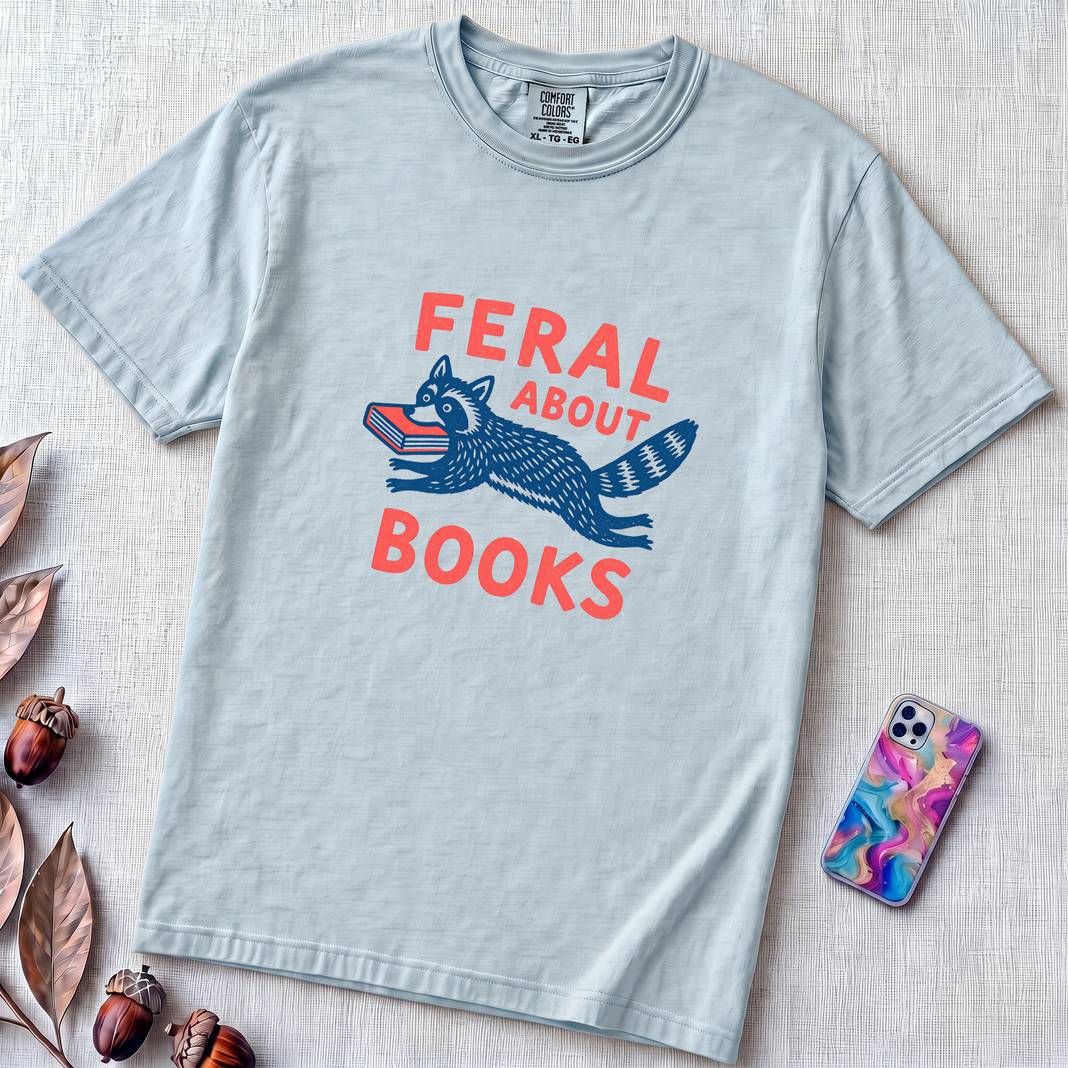 Feral About Books Raccoon T-Shirt - Chambray unfolded t-shirt mockup