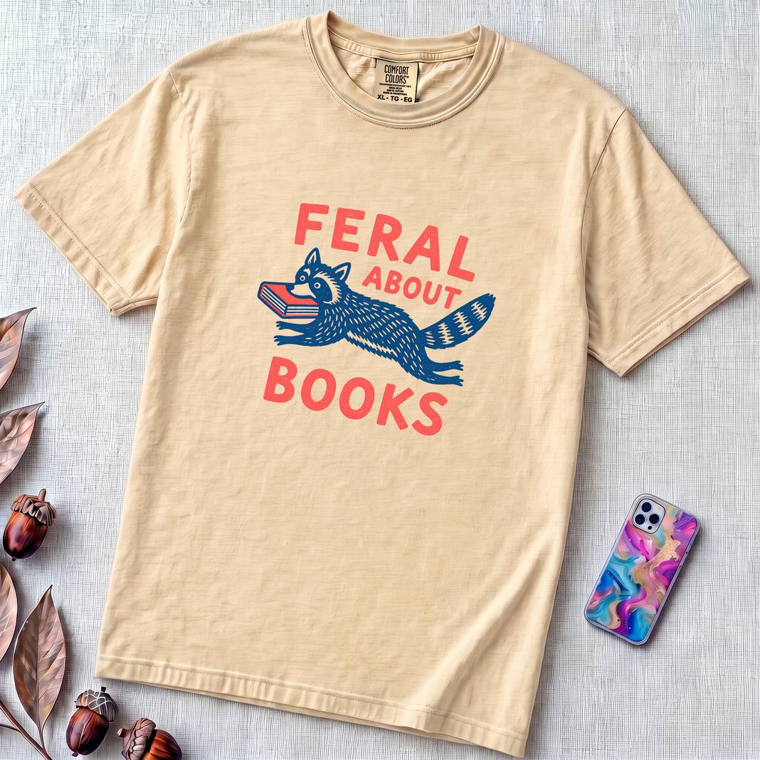 Feral About Books Raccoon T-Shirt - Ivory unfolded t-shirt mockup