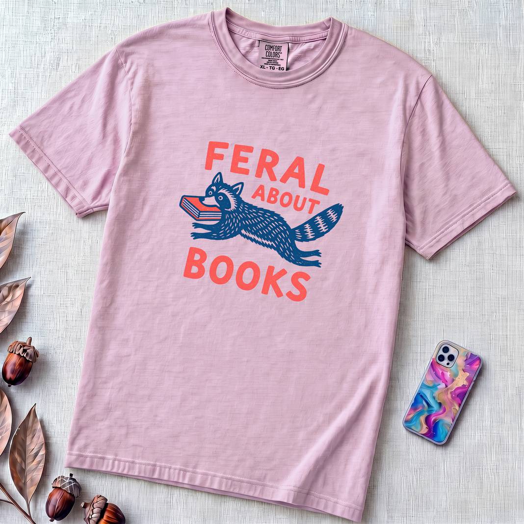 Feral About Books Raccoon T-Shirt - Orchid unfolded t-shirt mockup