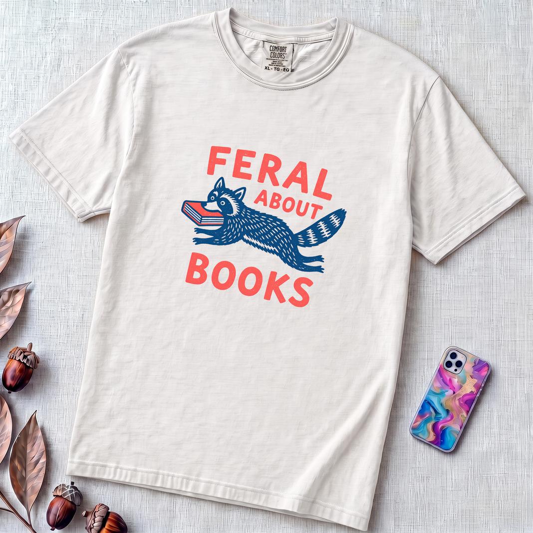 Feral About Books Raccoon T-Shirt - White unfolded t-shirt mockup