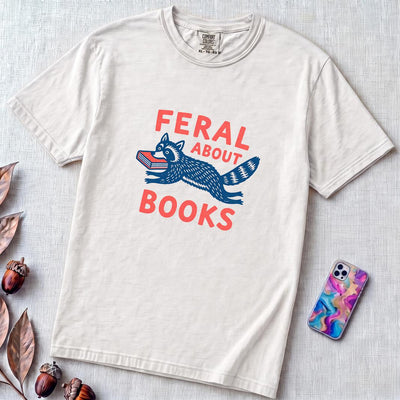 Feral About Books Raccoon T-Shirt - White unfolded t-shirt mockup