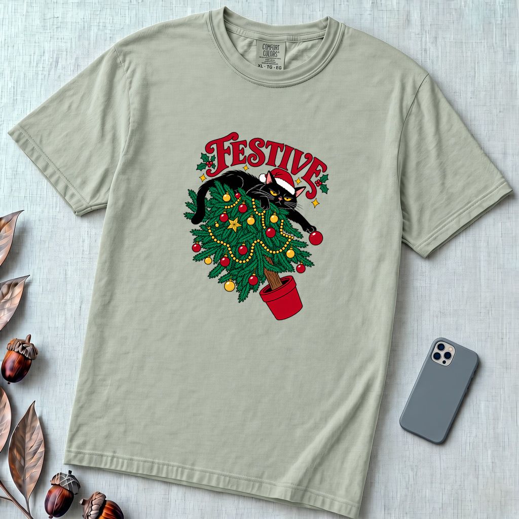 Festive Christmas Cat T-Shirt - Bay unfolded t-shirt mockup