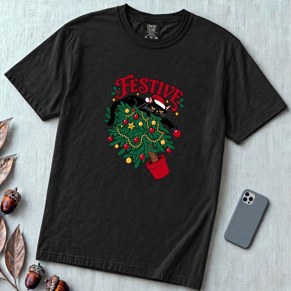 Festive Christmas Cat T-Shirt - Black unfolded t-shirt mockup