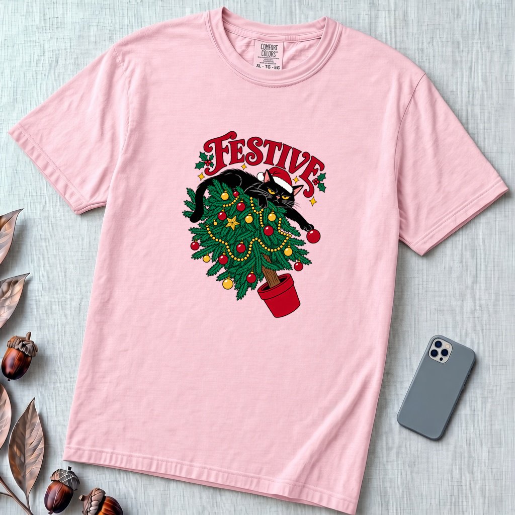 Festive Christmas Cat T-Shirt - Blossom unfolded t-shirt mockup