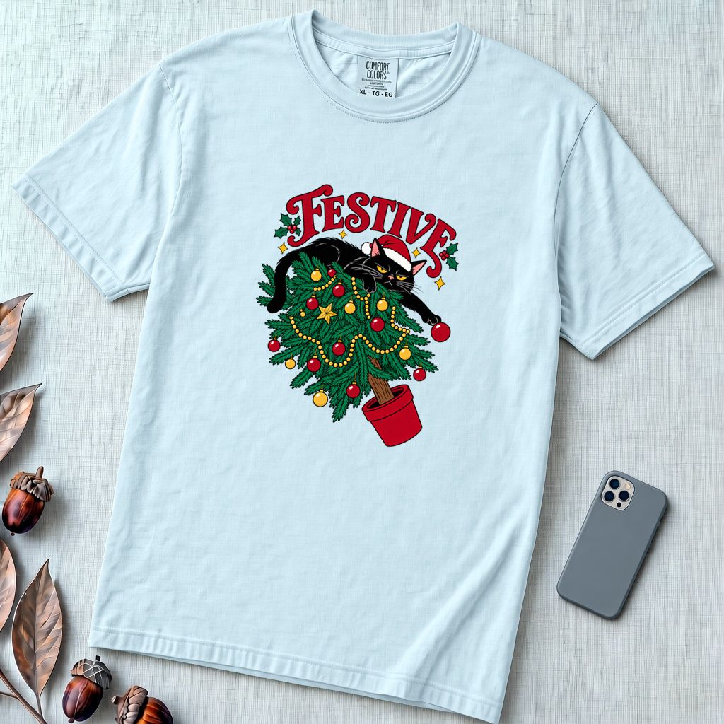 Festive Christmas Cat T-Shirt - Chambray unfolded t-shirt mockup