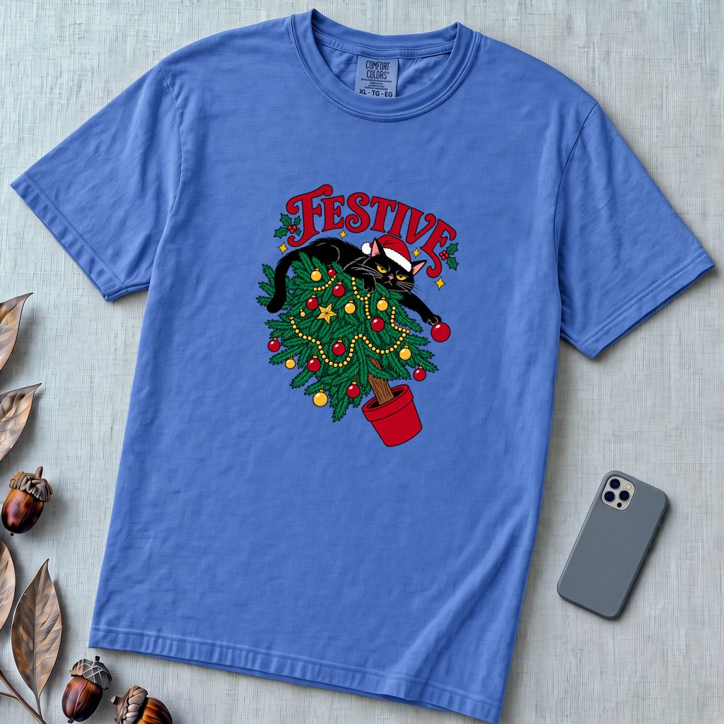Festive Christmas Cat T-Shirt - Flo Blue unfolded t-shirt mockup