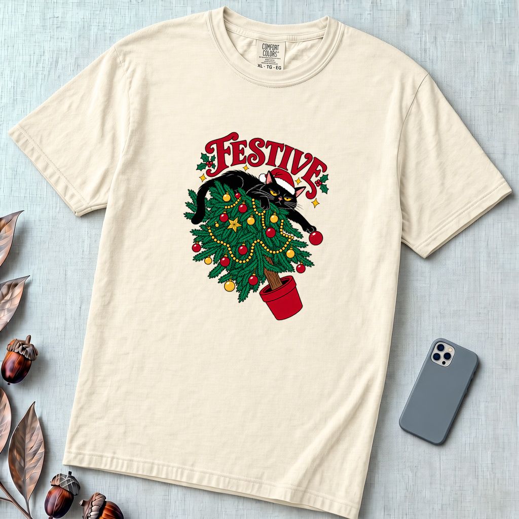 Festive Christmas Cat T-Shirt - Ivory unfolded t-shirt mockup