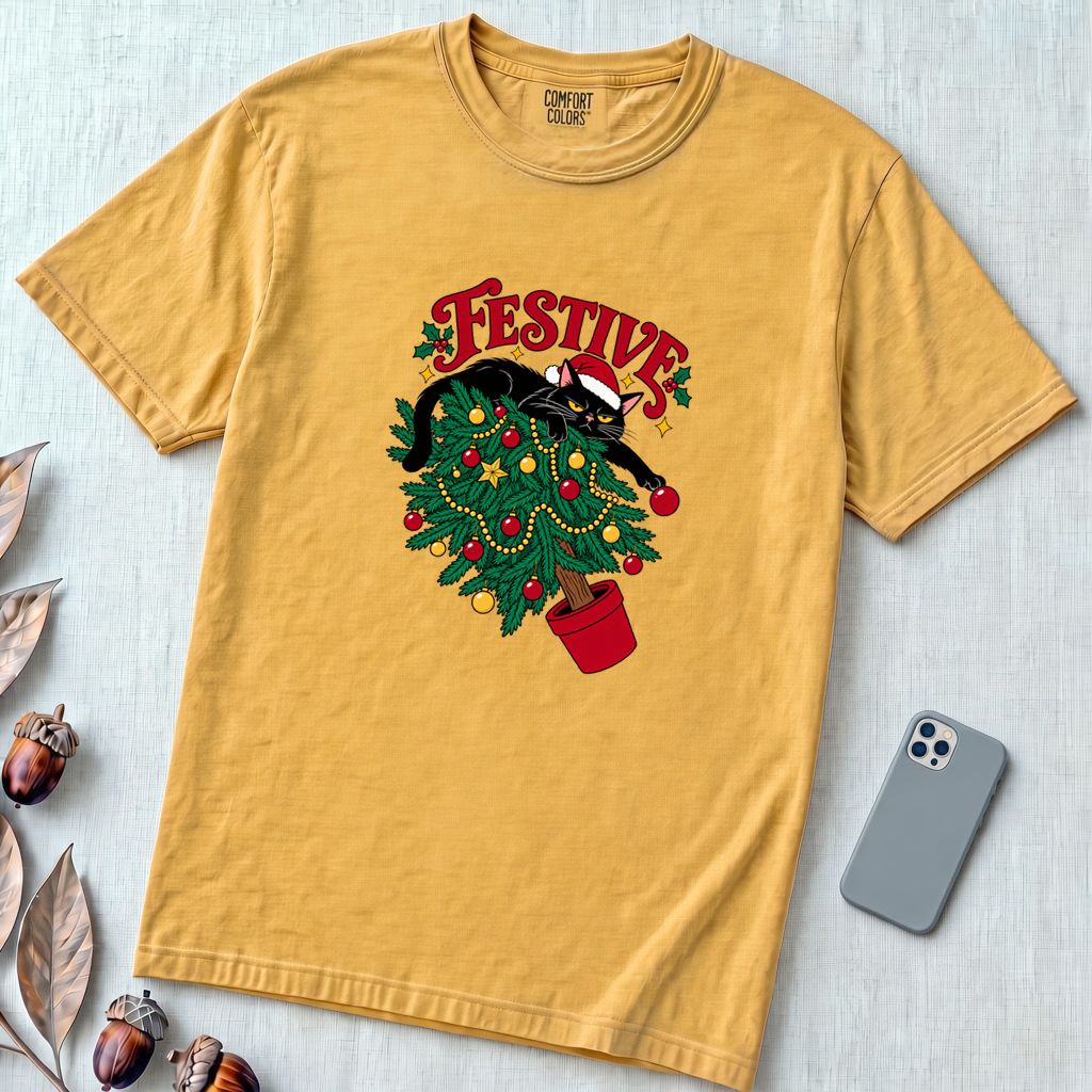 Festive Christmas Cat T-Shirt - Mustard unfolded t-shirt mockup