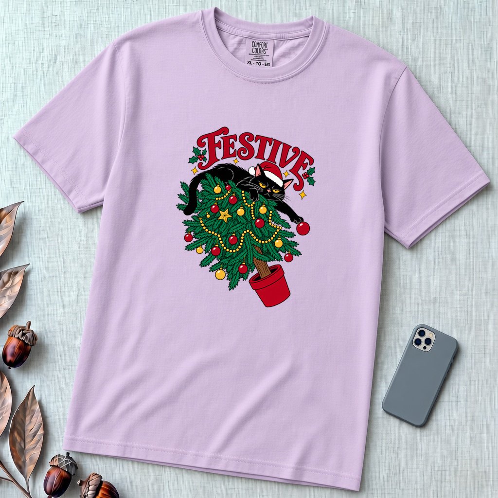 Festive Christmas Cat T-Shirt - Orchid unfolded t-shirt mockup