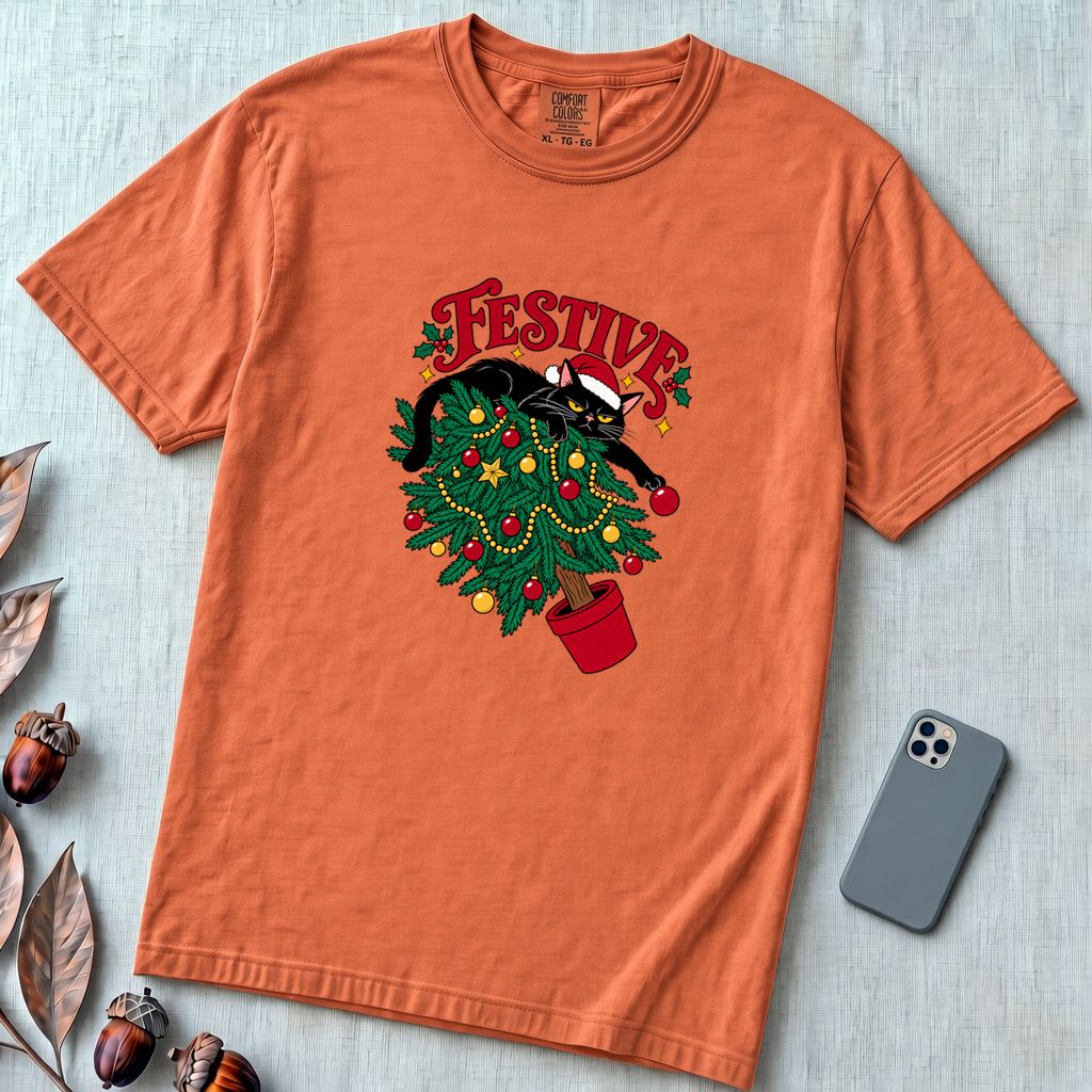 Festive Christmas Cat T-Shirt - Terracotta unfolded t-shirt mockup