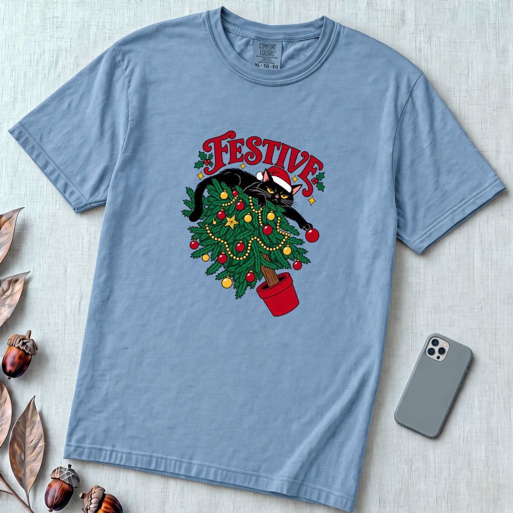 Festive Christmas Cat T-Shirt - Washed Denim unfolded t-shirt mockup