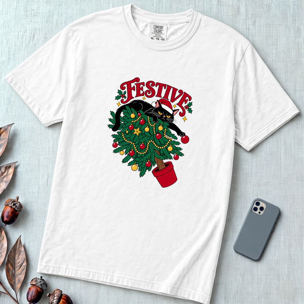 Festive Christmas Cat T-Shirt - White unfolded t-shirt mockup