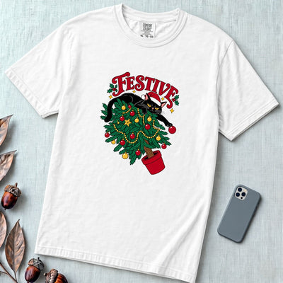 Festive Christmas Cat T-Shirt - White unfolded t-shirt mockup