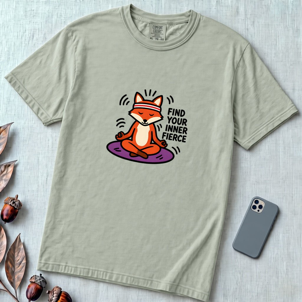 Find Your Inner Fierce – Epic Meditating Fox T-Shirt - Bay unfolded t-shirt mockup