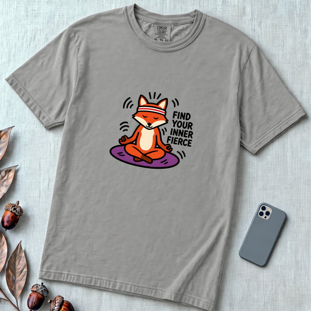 Find Your Inner Fierce – Epic Meditating Fox T-Shirt - Grey unfolded t-shirt mockup