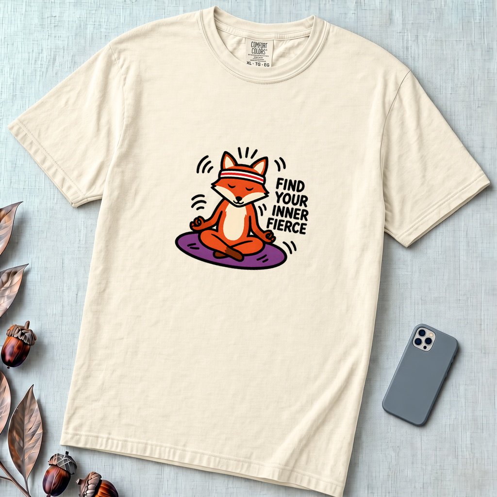 Find Your Inner Fierce – Epic Meditating Fox T-Shirt - Ivory unfolded t-shirt mockup