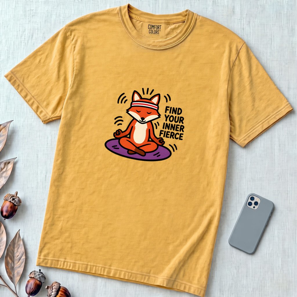Find Your Inner Fierce – Epic Meditating Fox T-Shirt - Mustard unfolded t-shirt mockup
