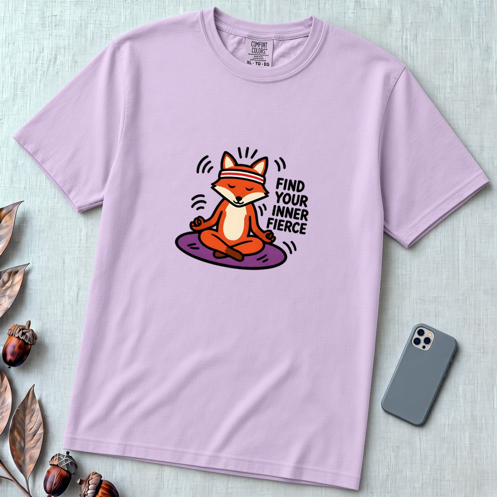 Find Your Inner Fierce – Epic Meditating Fox T-Shirt - Orchid unfolded t-shirt mockup