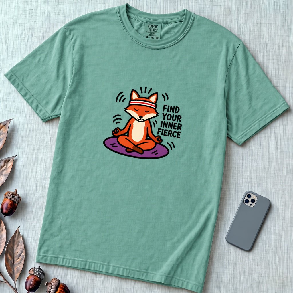 Find Your Inner Fierce – Epic Meditating Fox T-Shirt - Seafoam unfolded t-shirt mockup