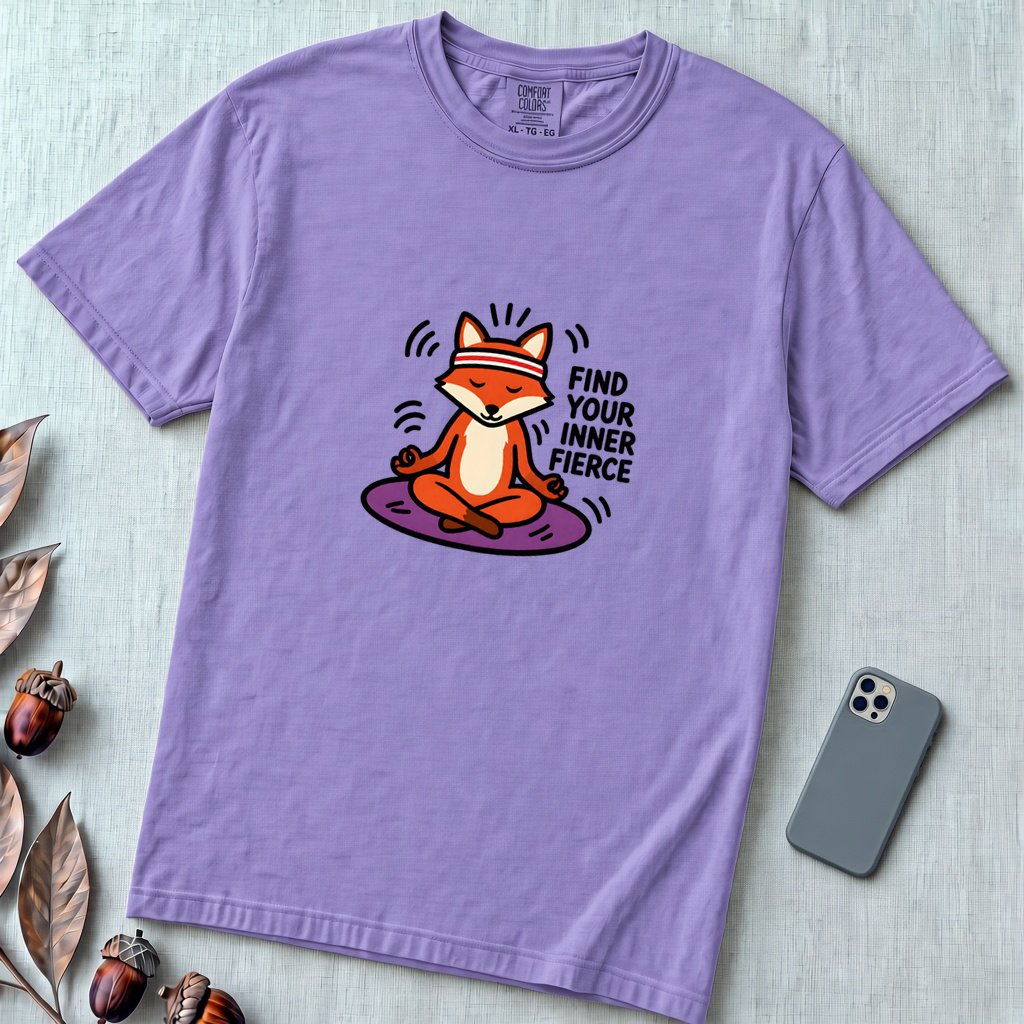 Find Your Inner Fierce – Epic Meditating Fox T-Shirt - Violet unfolded t-shirt mockup