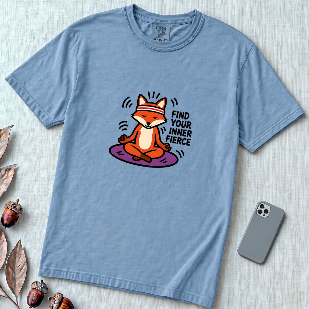 Find Your Inner Fierce – Epic Meditating Fox T-Shirt - Washed Denim unfolded t-shirt mockup