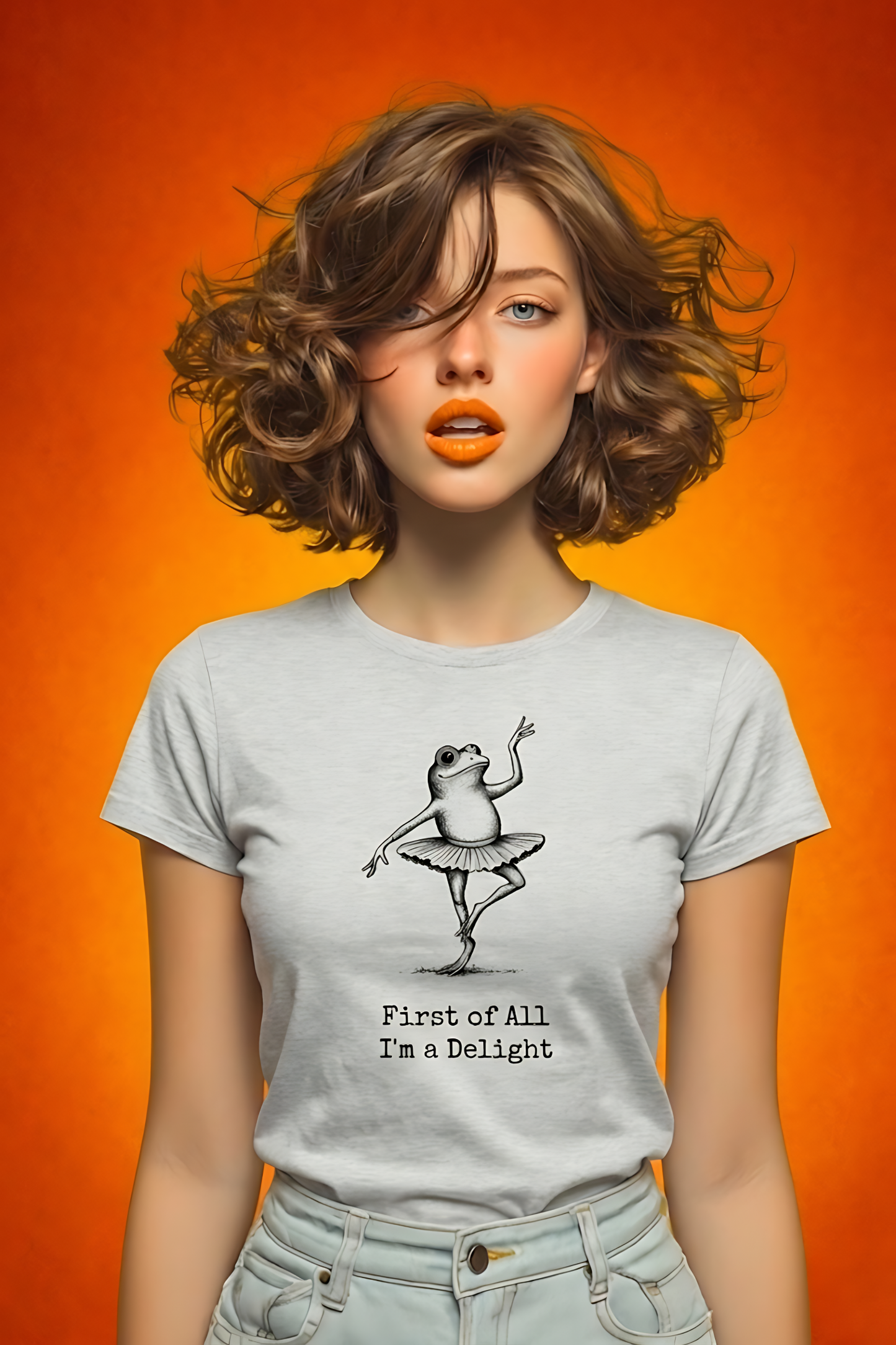 Person wearing a t-shirt with a frog dancer graphic and text on an orange background