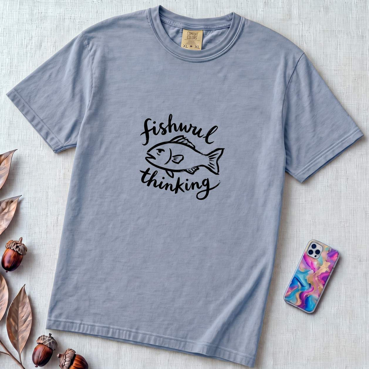 Fishing Shirt & Graphic Tee for Men & Women, Comfort Colors T-Shirt - Washed Denim unfolded t-shirt mockup