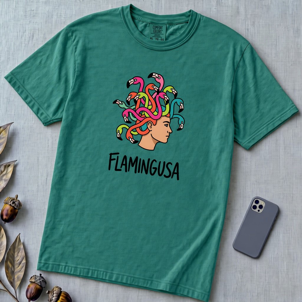 Flamingusa - Medusa plus Flamingo T-Shirt, Greek Mythology Pun - Emerald unfolded t-shirt mockup