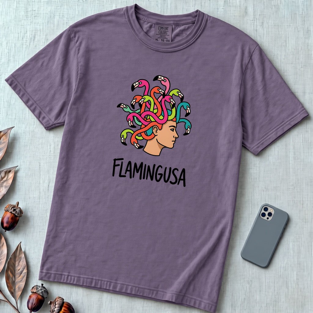 Flamingusa - Medusa plus Flamingo T-Shirt, Greek Mythology Pun - Grape unfolded t-shirt mockup