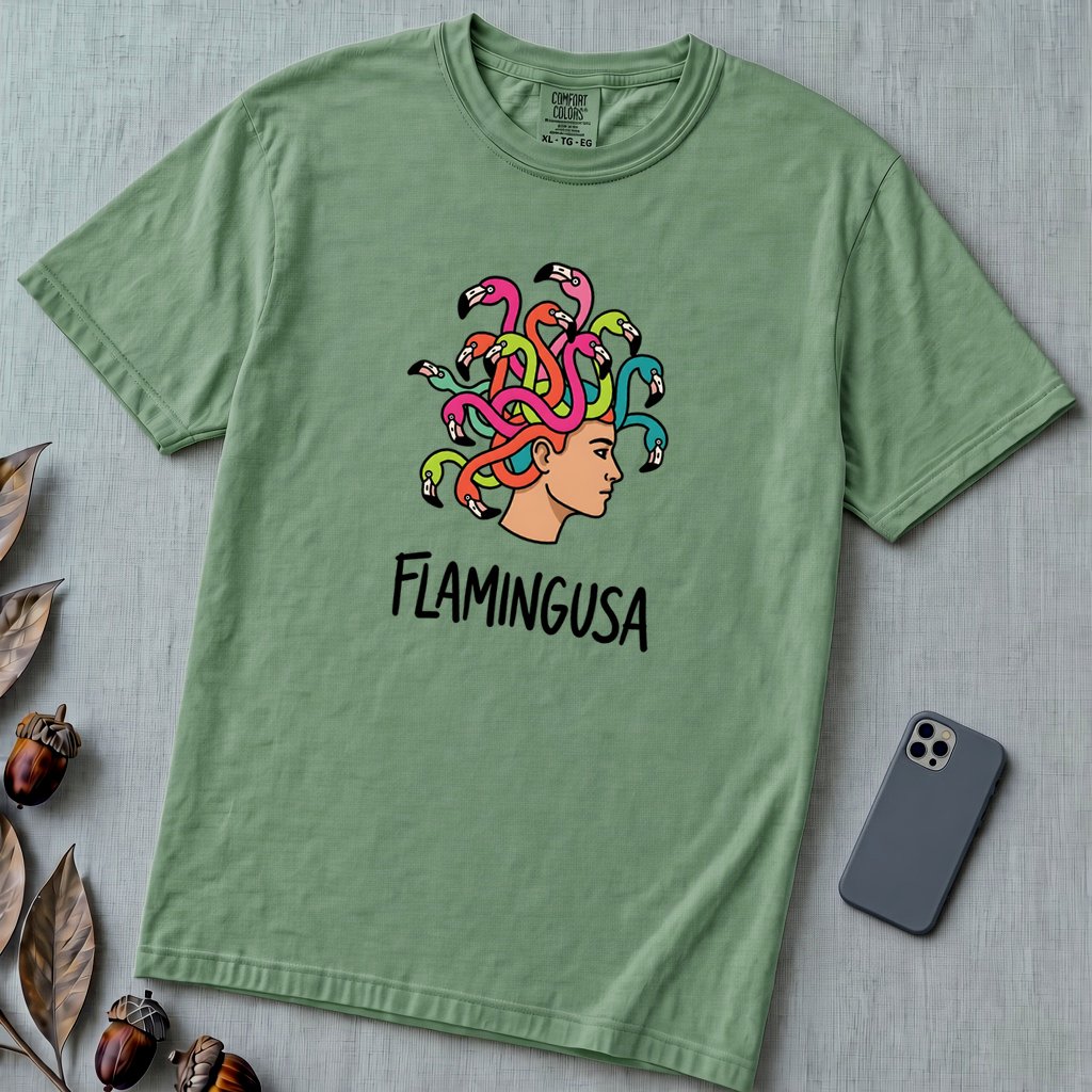 Flamingusa - Medusa plus Flamingo T-Shirt, Greek Mythology Pun - Light Green unfolded t-shirt mockup