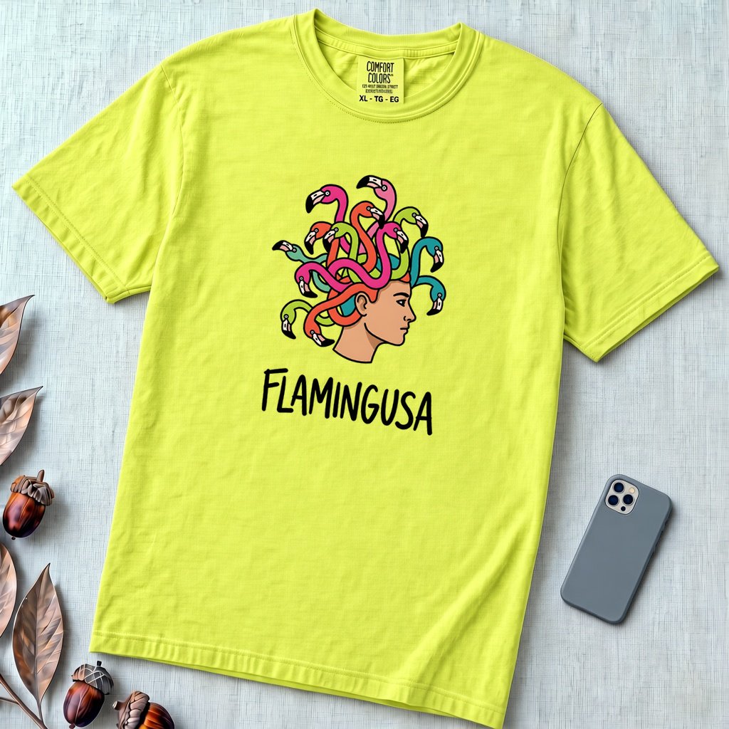 Flamingusa - Medusa plus Flamingo T-Shirt, Greek Mythology Pun - Neon Lemon unfolded t-shirt mockup