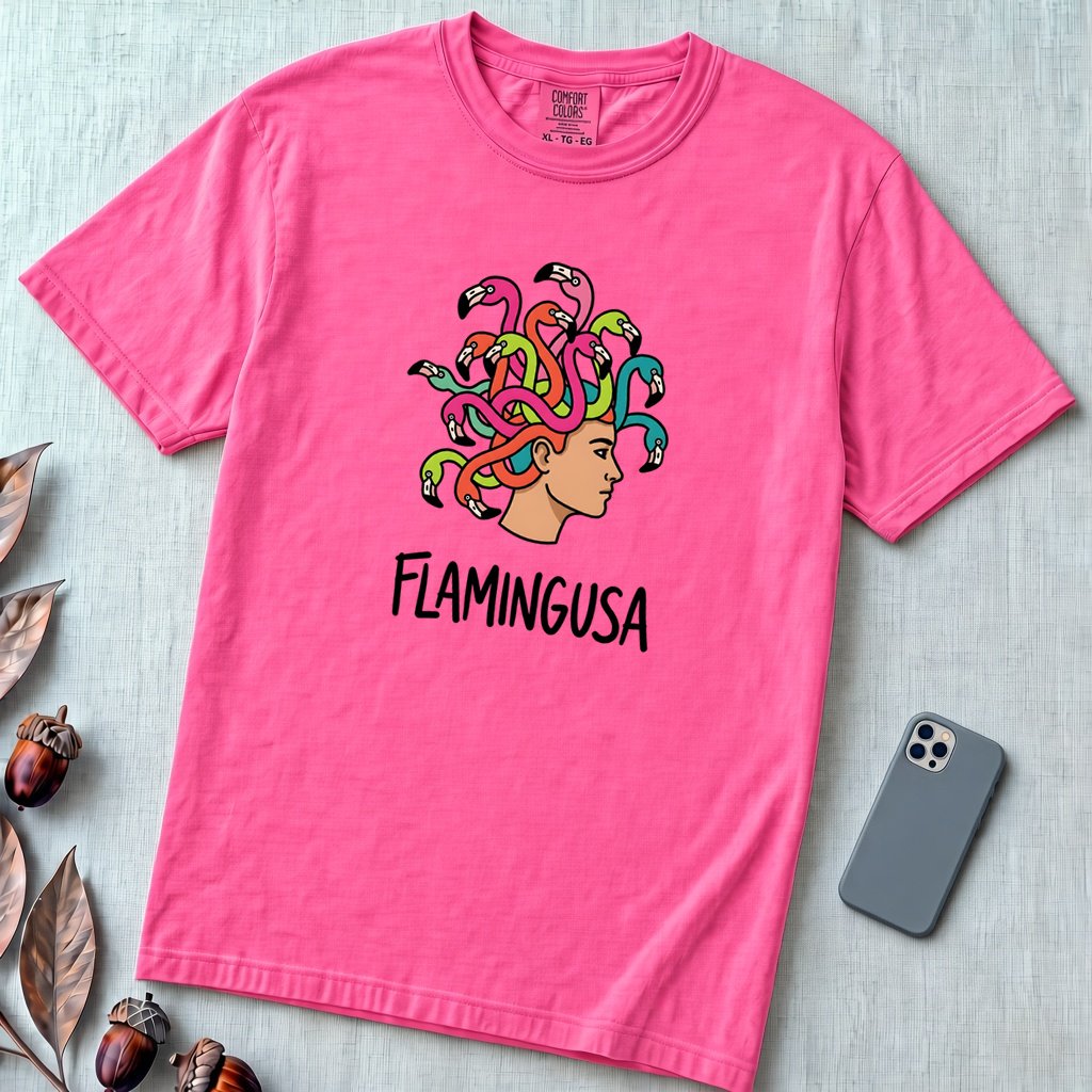 Flamingusa - Medusa plus Flamingo T-Shirt, Greek Mythology Pun - Neon Pink unfolded t-shirt mockup