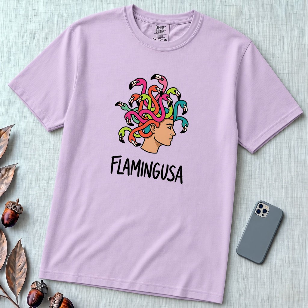 Flamingusa - Medusa plus Flamingo T-Shirt, Greek Mythology Pun - Orchid unfolded t-shirt mockup