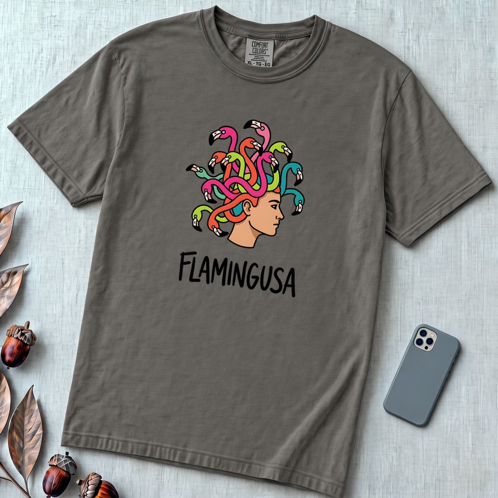 Flamingusa - Medusa plus Flamingo T-Shirt, Greek Mythology Pun - Pepper unfolded t-shirt mockup
