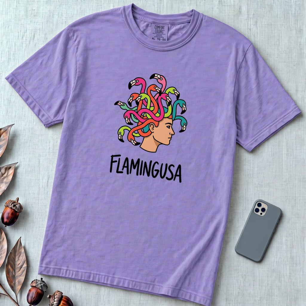 Flamingusa - Medusa plus Flamingo T-Shirt, Greek Mythology Pun - Violet unfolded t-shirt mockup