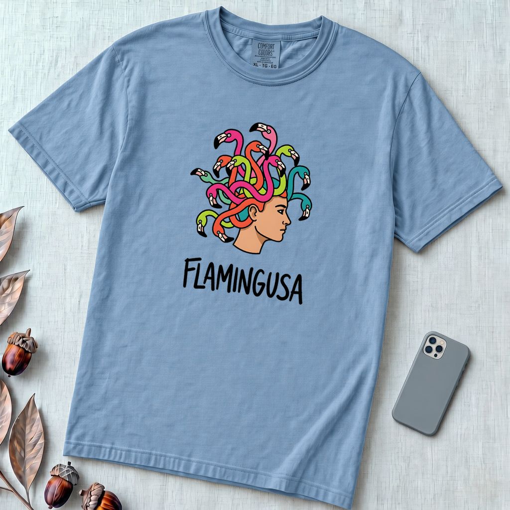 Flamingusa - Medusa plus Flamingo T-Shirt, Greek Mythology Pun - Washed Denim unfolded t-shirt mockup