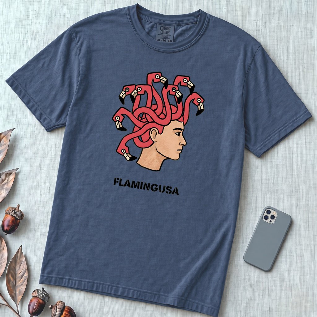 Flamingusa: The Medusa x Flamingo Pun T-shirt, Florida-style - Denim unfolded t-shirt mockup