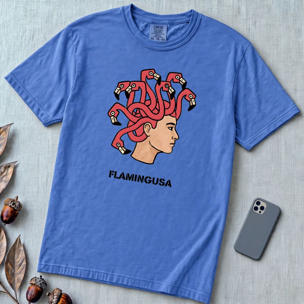 Flamingusa: The Medusa x Flamingo Pun T-shirt, Florida-style - Flo Blue unfolded t-shirt mockup