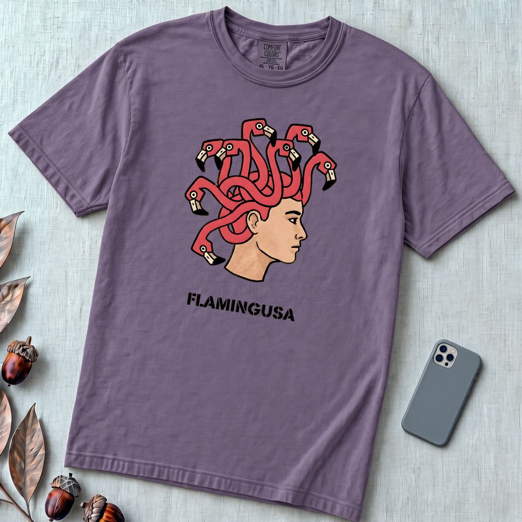 Flamingusa: The Medusa x Flamingo Pun T-shirt, Florida-style - Grape unfolded t-shirt mockup