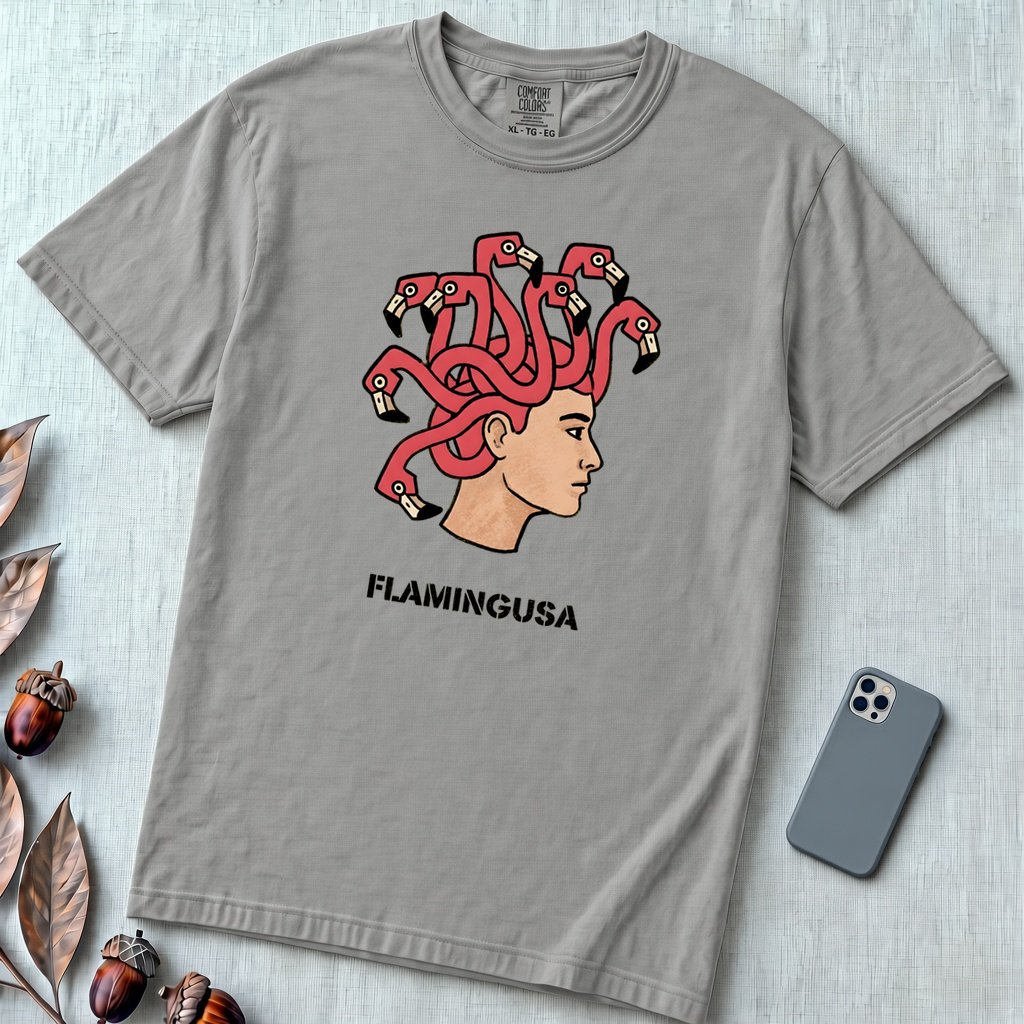 Flamingusa: The Medusa x Flamingo Pun T-shirt, Florida-style - Grey unfolded t-shirt mockup