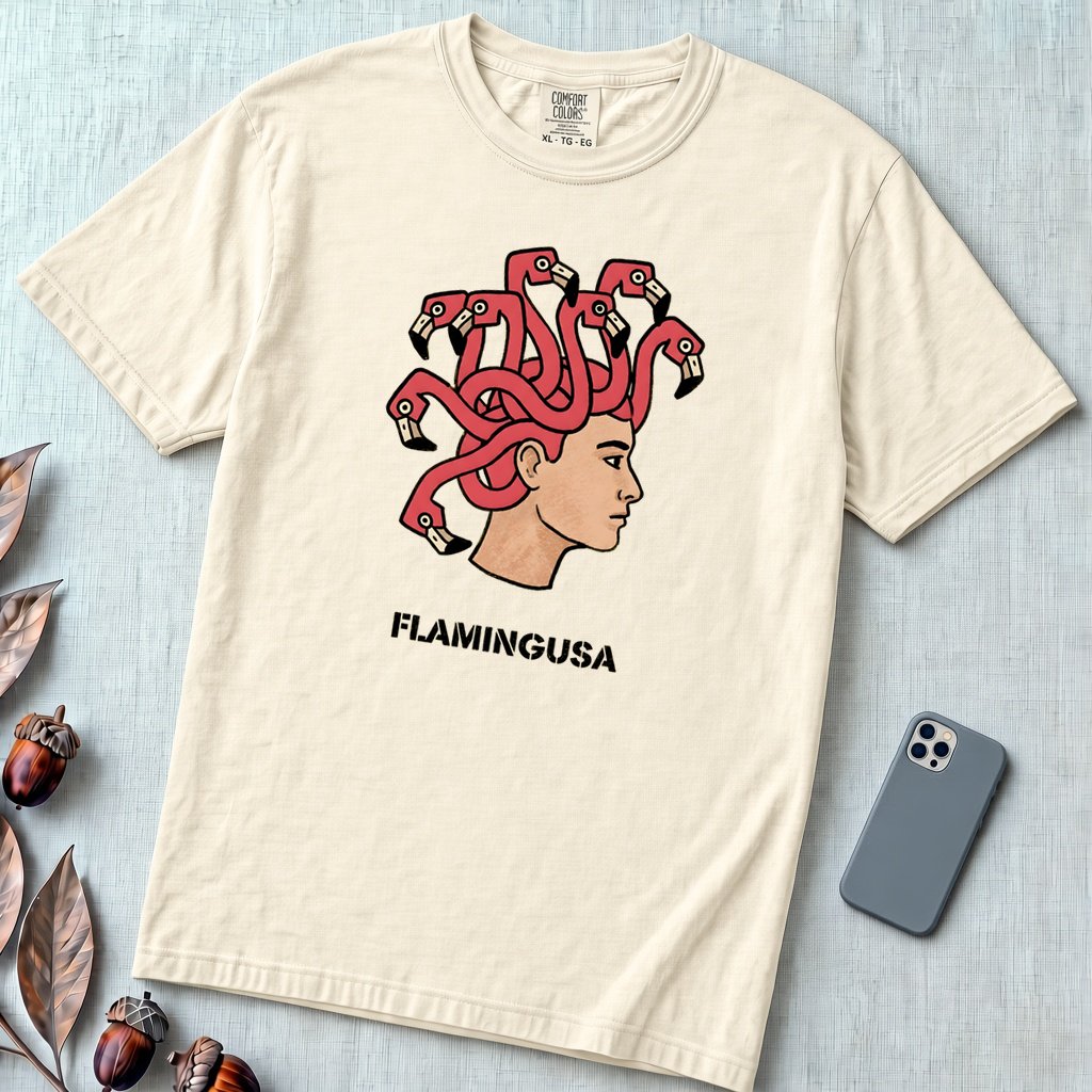 Flamingusa: The Medusa x Flamingo Pun T-shirt, Florida-style - Ivory unfolded t-shirt mockup