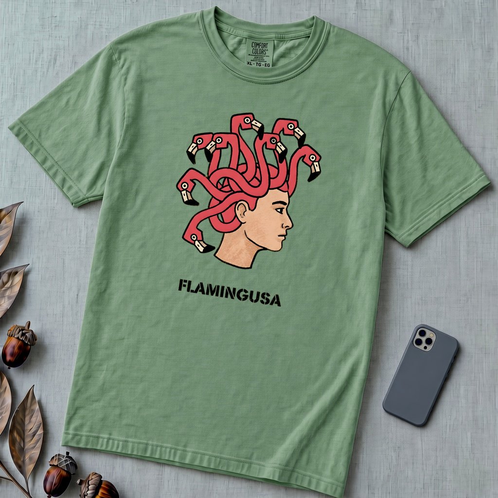 Flamingusa: The Medusa x Flamingo Pun T-shirt, Florida-style - Light Green unfolded t-shirt mockup