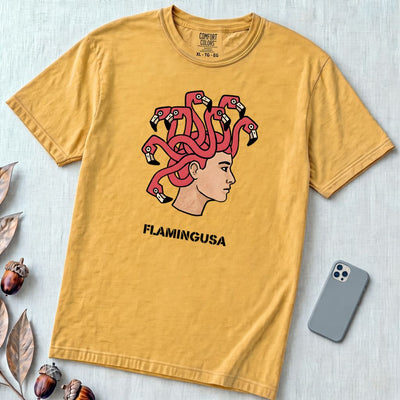 Flamingusa: The Medusa x Flamingo Pun T-shirt, Florida-style - Mustard unfolded t-shirt mockup
