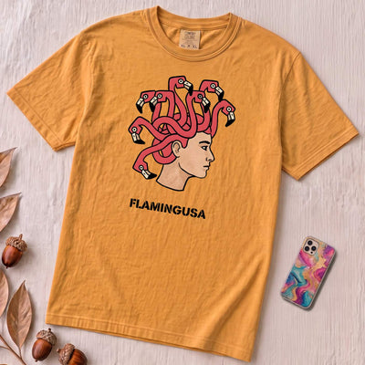 Flamingusa: The Medusa x Flamingo Pun T-shirt, Florida-style - Mustard unfolded t-shirt mockup