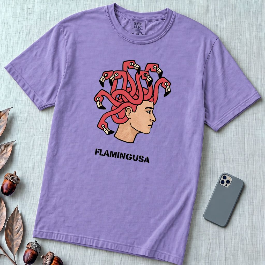 Flamingusa: The Medusa x Flamingo Pun T-shirt, Florida-style - Violet unfolded t-shirt mockup