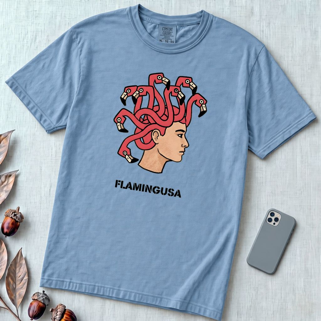 Flamingusa: The Medusa x Flamingo Pun T-shirt, Florida-style - Washed Denim unfolded t-shirt mockup