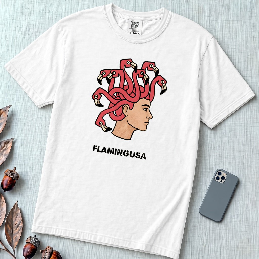 Flamingusa: The Medusa x Flamingo Pun T-shirt, Florida-style - White unfolded t-shirt mockup